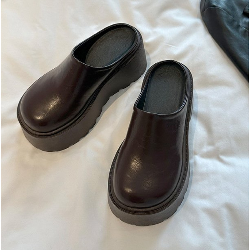 Leather Work Flats - 2026New women's thick-soled mules，Round-toe height-increasing comfortable